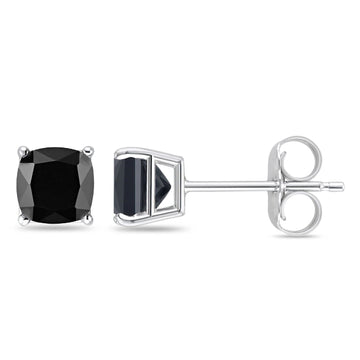 Solitaire Cushion Stud Earrings Simulated Black CZ 925 Sterling Silver